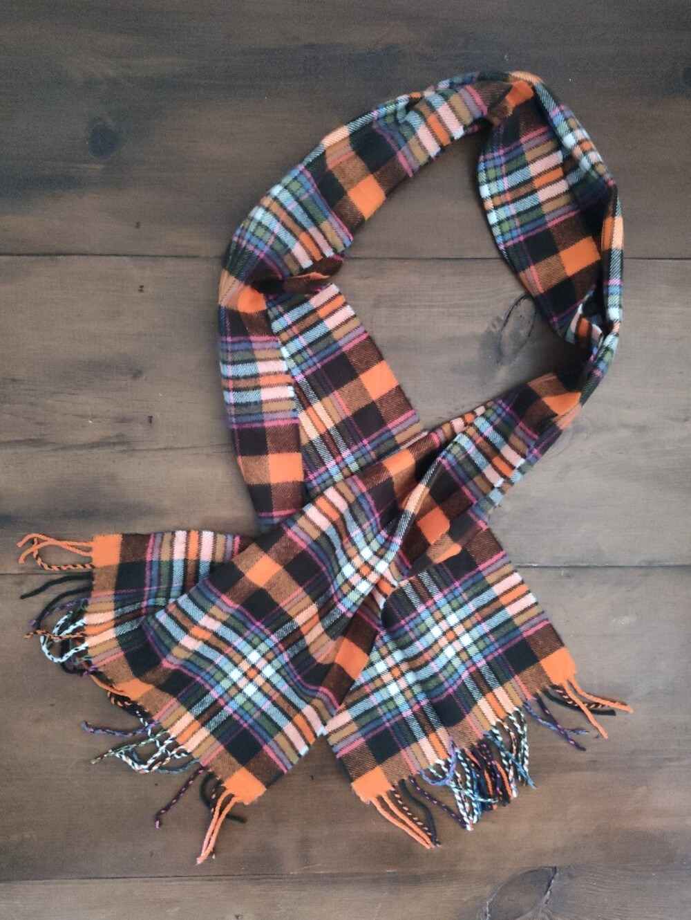 D&Y Softer Than Cashmere Academia Orange &  Brown Multicolor Plaid Fringe Scarf
